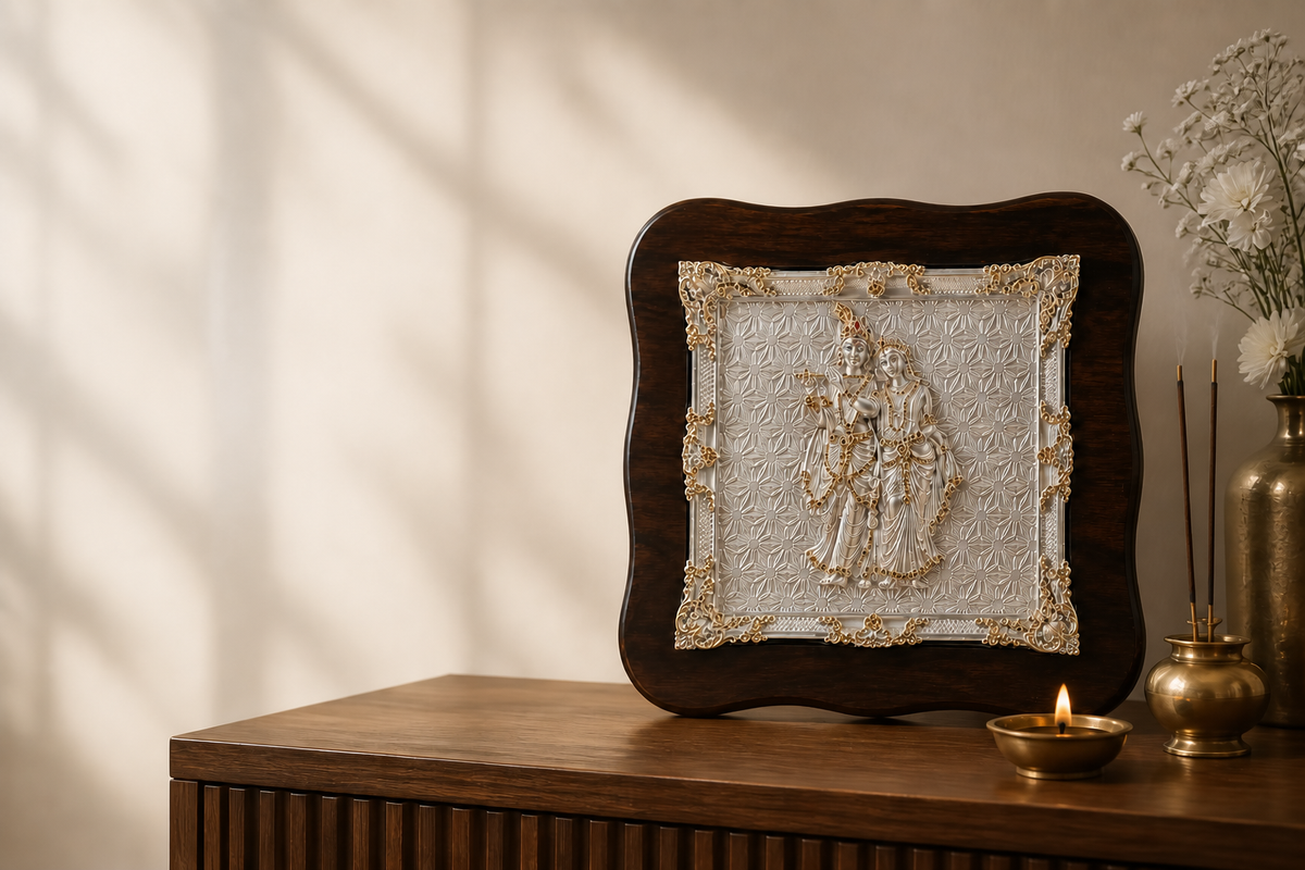 Silver and gold Radha-Krishna devotional artwork in a mindful home