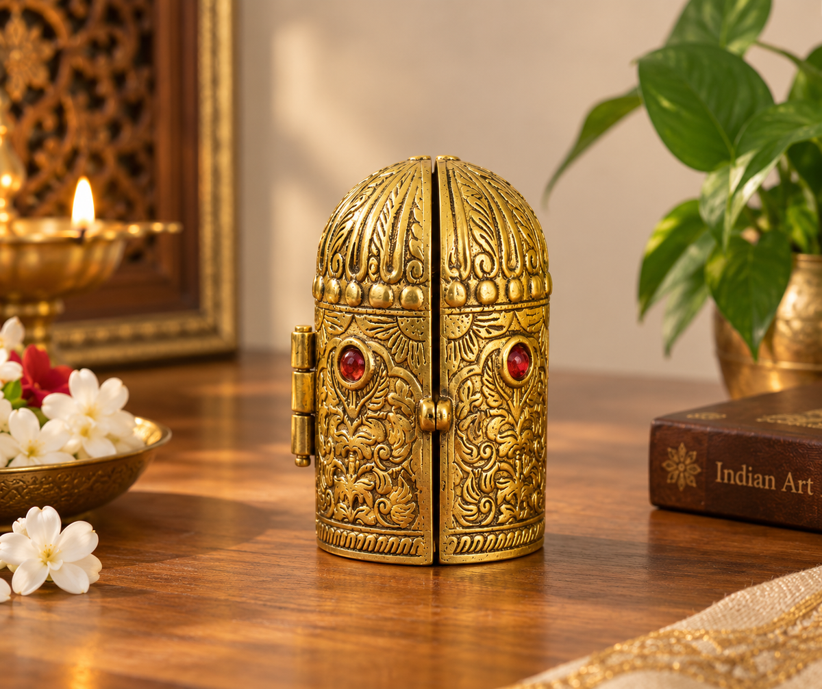 Antique gold-tone folding Laxmi Ganesh Saraswati metal shrine
