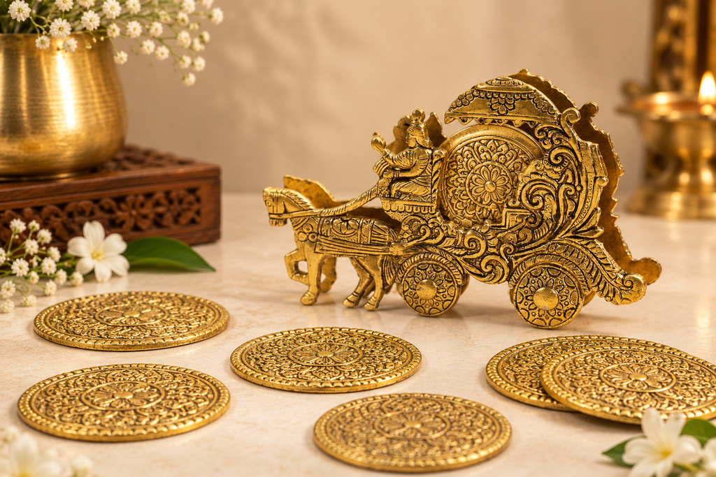 Krishna Rath metal coaster set with antique gold-tone finish — 1.png
