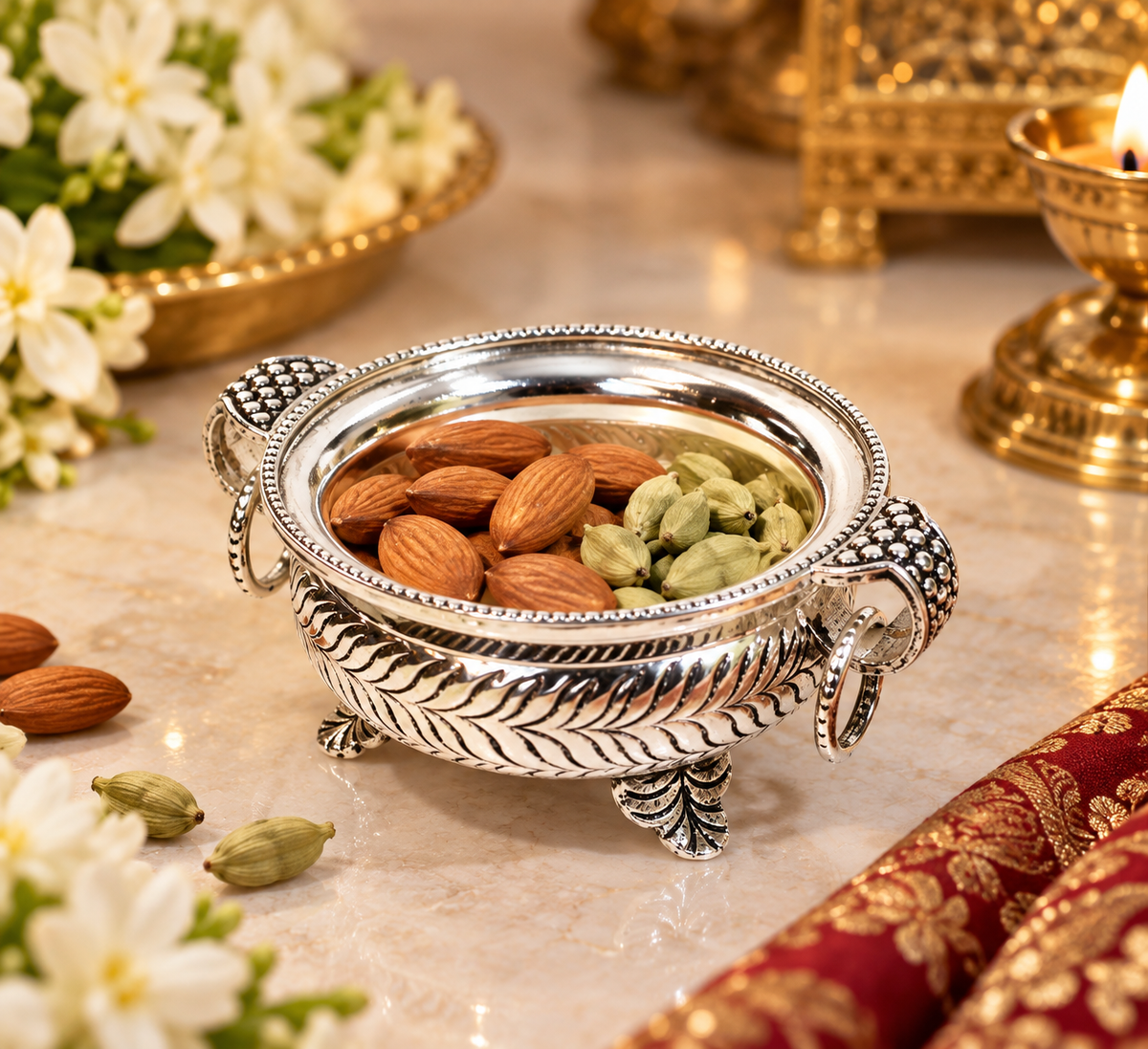 Small brass urli with silver-tone finish — styled with dry fruits