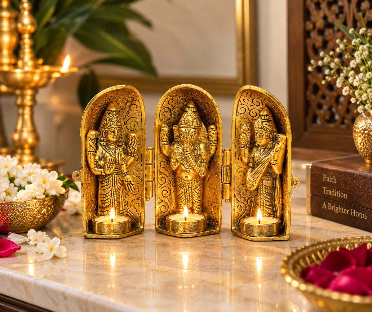 Antique gold-tone folding Laxmi Ganesh Saraswati metal shrine — tealights for representation only, not included
