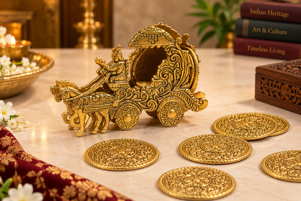 Krishna Rath metal coaster set with antique gold-tone finish — 2.png