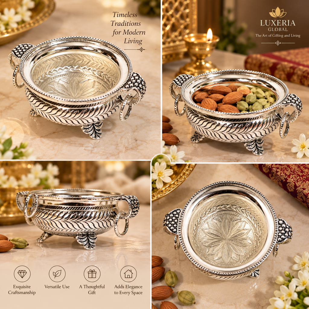 Small brass urli with silver-tone finish — design and styling collage