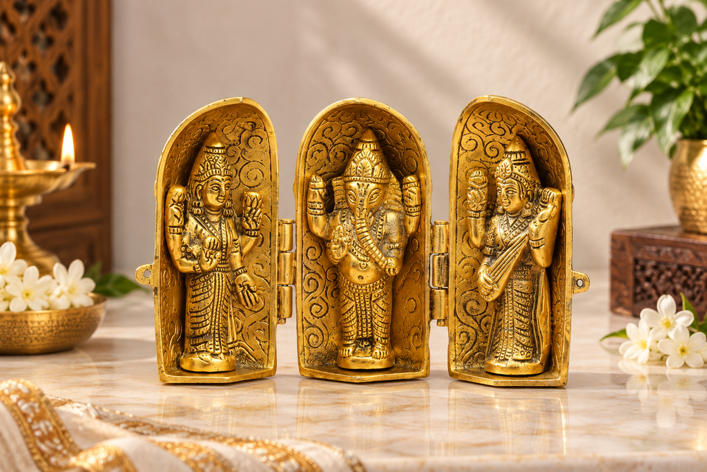 Antique gold-tone folding Laxmi Ganesh Saraswati metal shrine