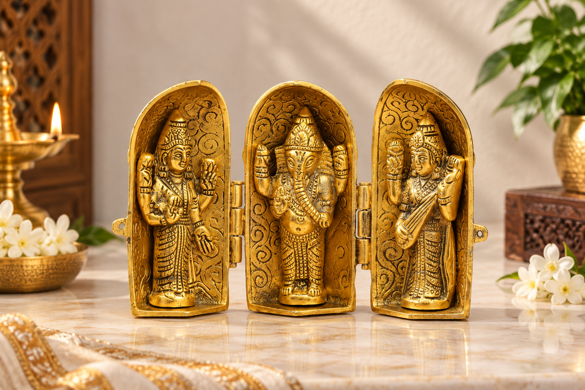 Antique gold-tone folding Laxmi Ganesh Saraswati metal shrine