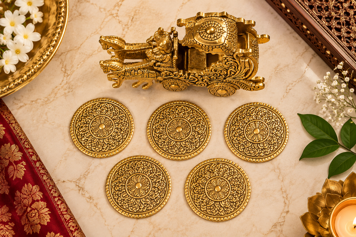 Krishna Rath metal coaster set with antique gold-tone finish — 3.png