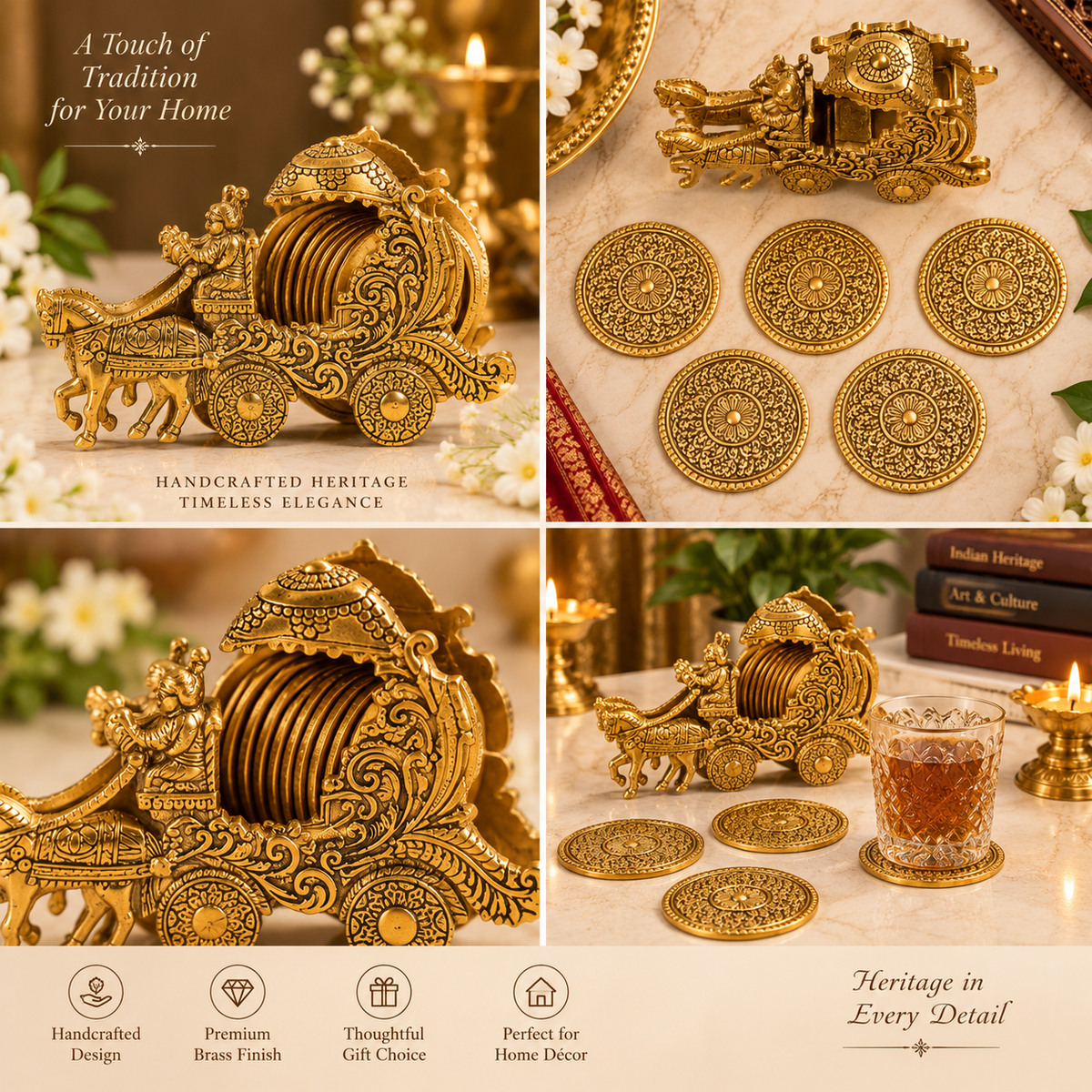 Krishna Rath metal coaster set with antique gold-tone finish — 4 collage.png