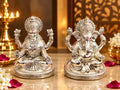 999 silver-coated Laxmi and Ganesh marble polyresin idol set