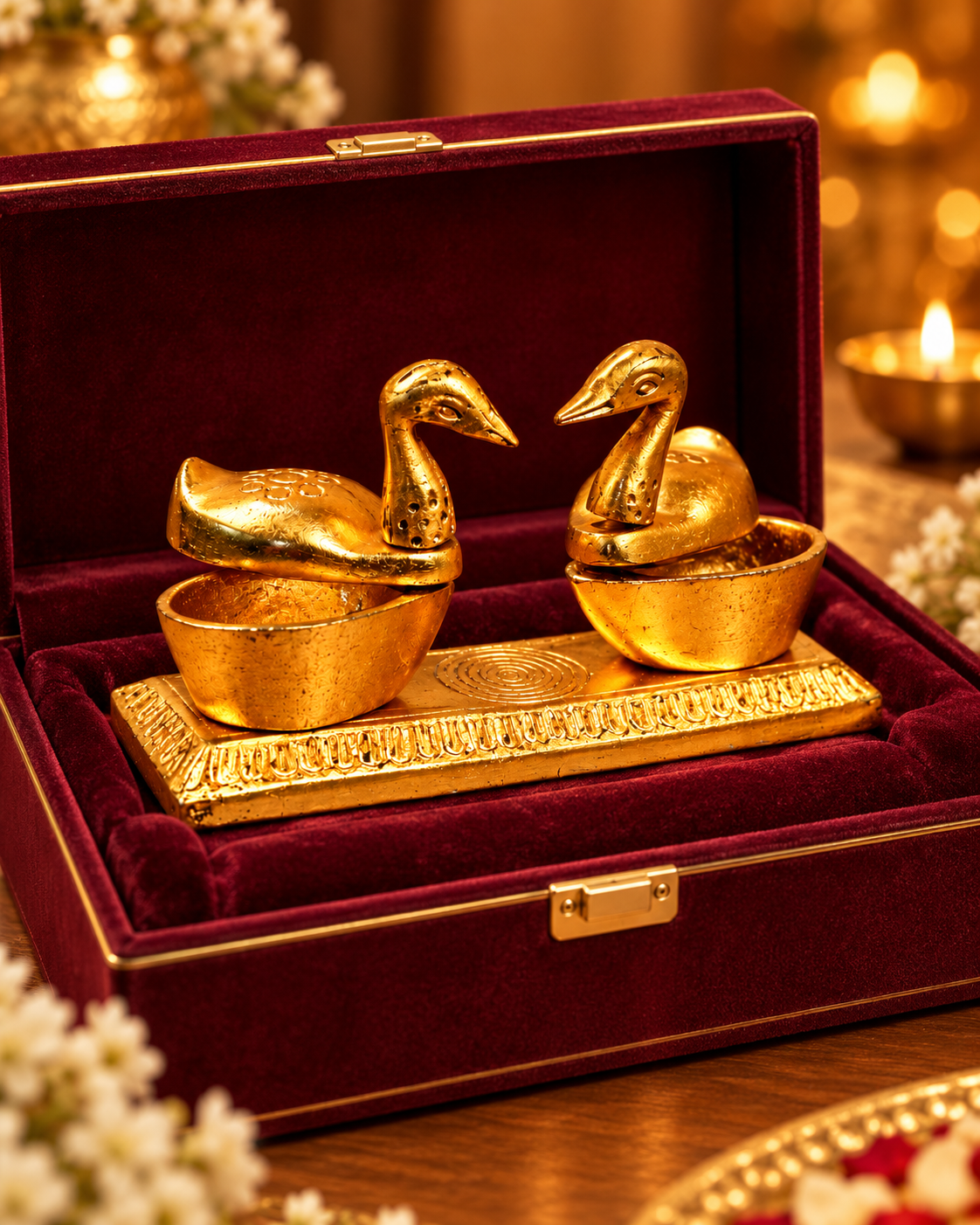 Alternate view of Swarna Shagun double duck chopda in an optional burgundy velvet gift box, sold separately.