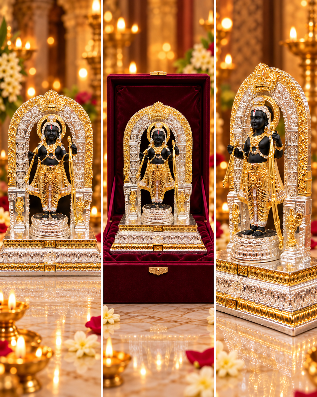 Front, boxed and angled views of the Ram Lalla idol