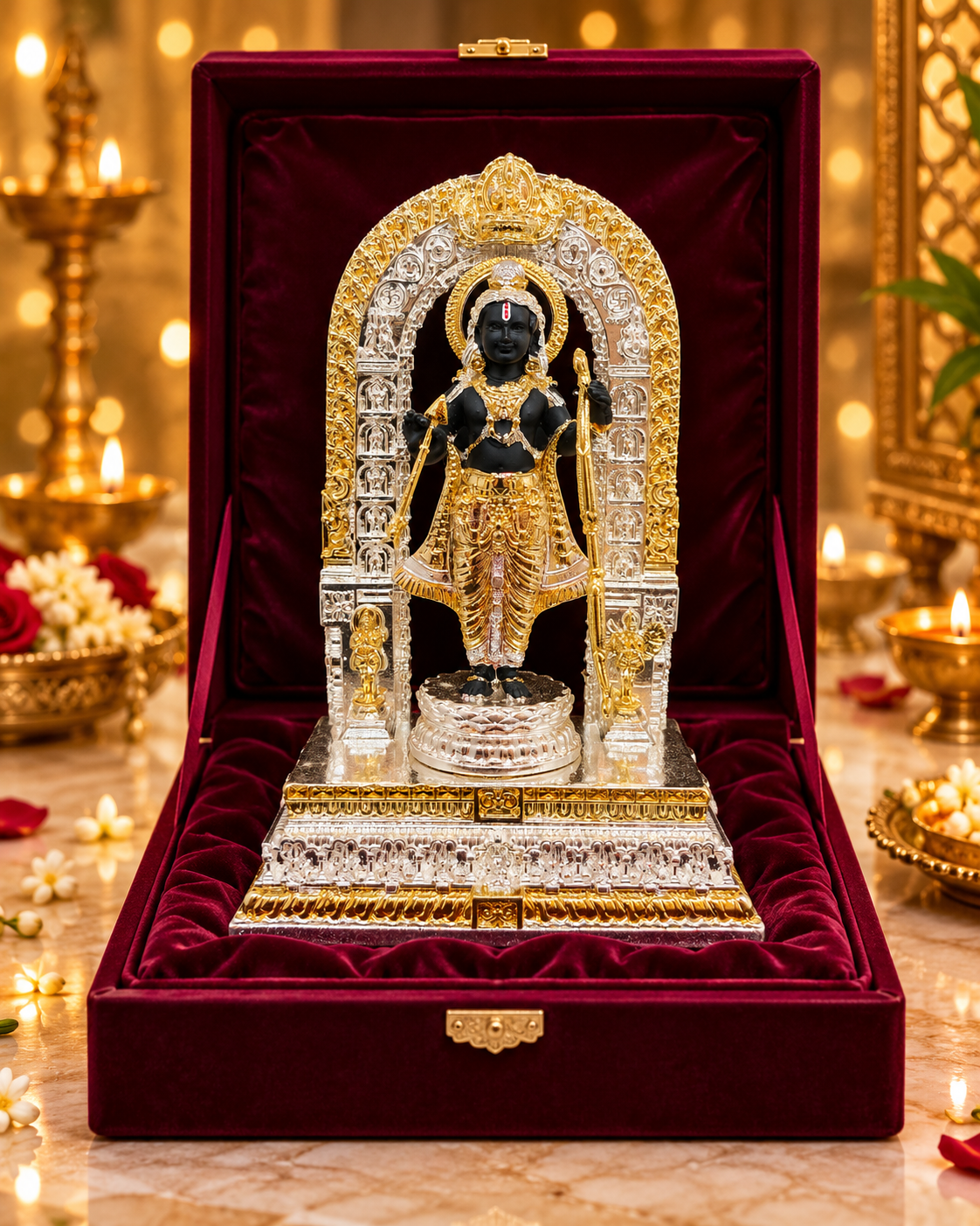 Ram Lalla idol beneath an ornate gold- and silver-tone arch