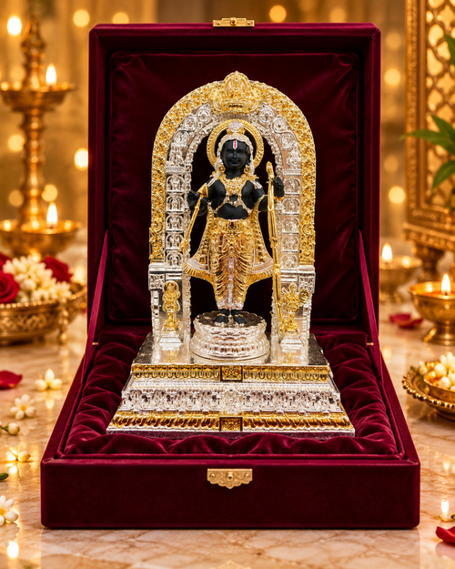 Ram Lalla idol beneath an ornate gold- and silver-tone arch