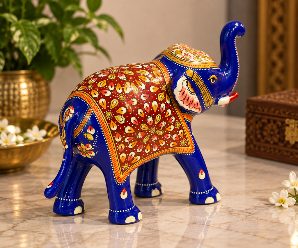 Rear view of Meenakari metal elephant showing floral saddle design