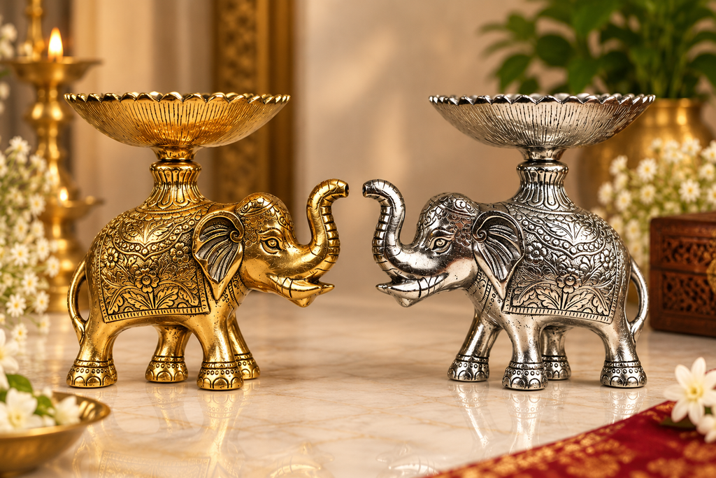 Metal elephant bowl — Silver and Golden finishes