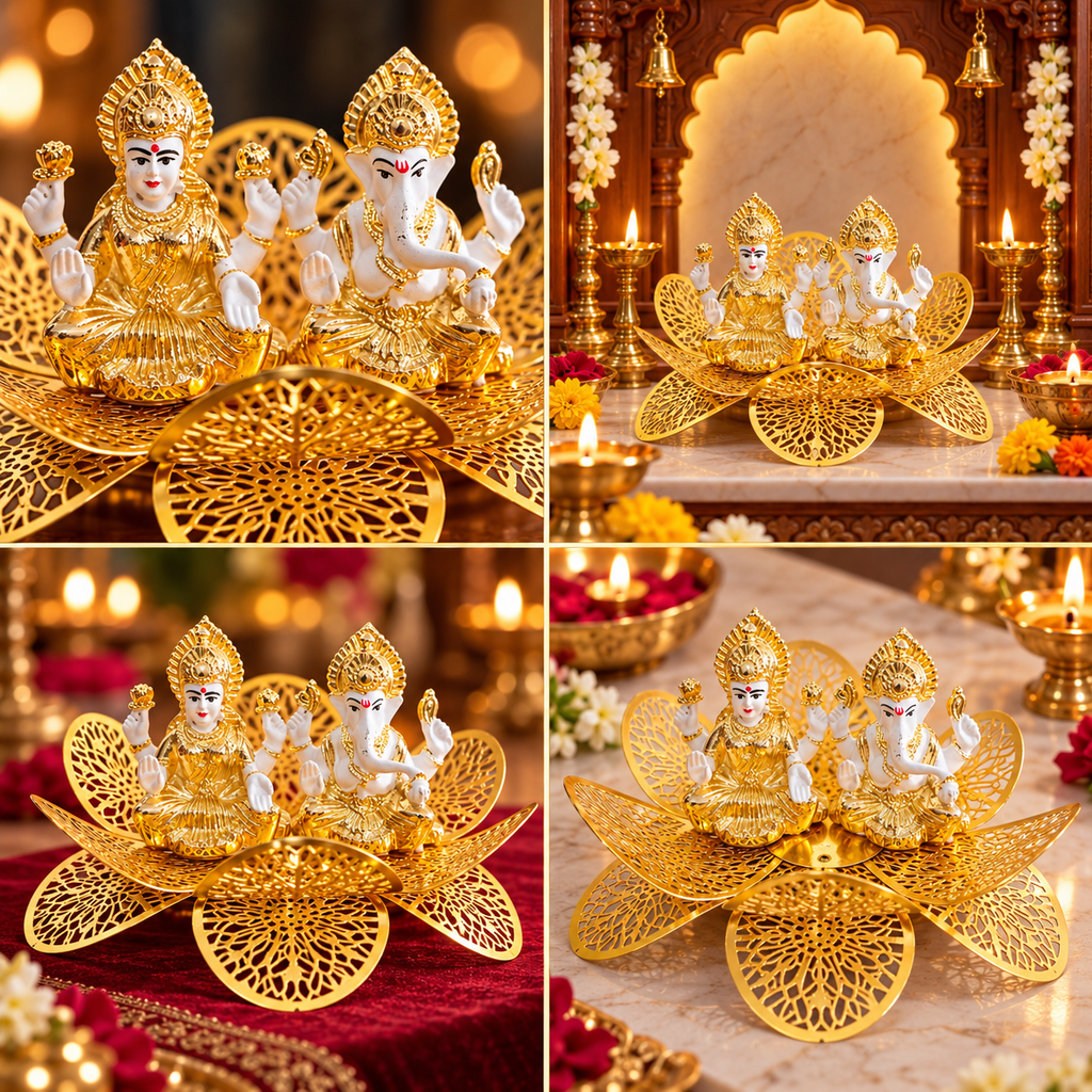 Four views of the Divya Kamal Lakshmi Ganesh ensemble showing idol detailing and layered lotus petals.