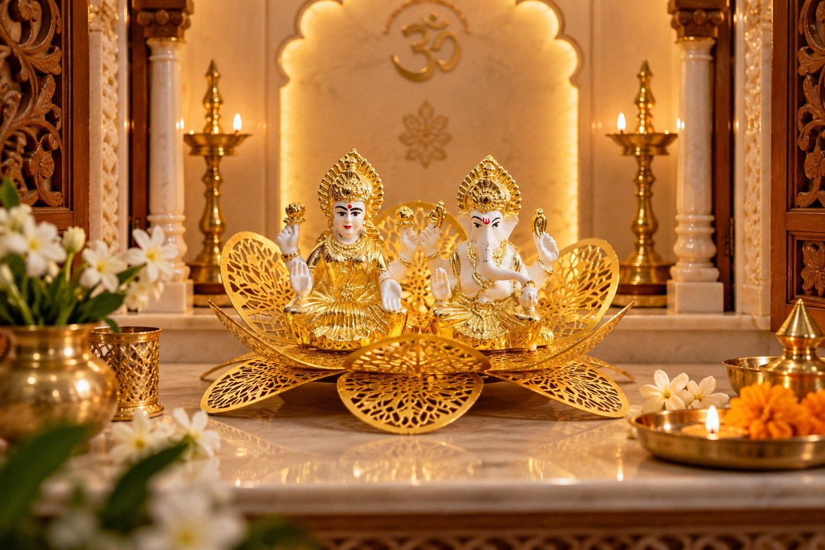 Lakshmi Ganesh lotus ensemble displayed in a home mandir setting.
