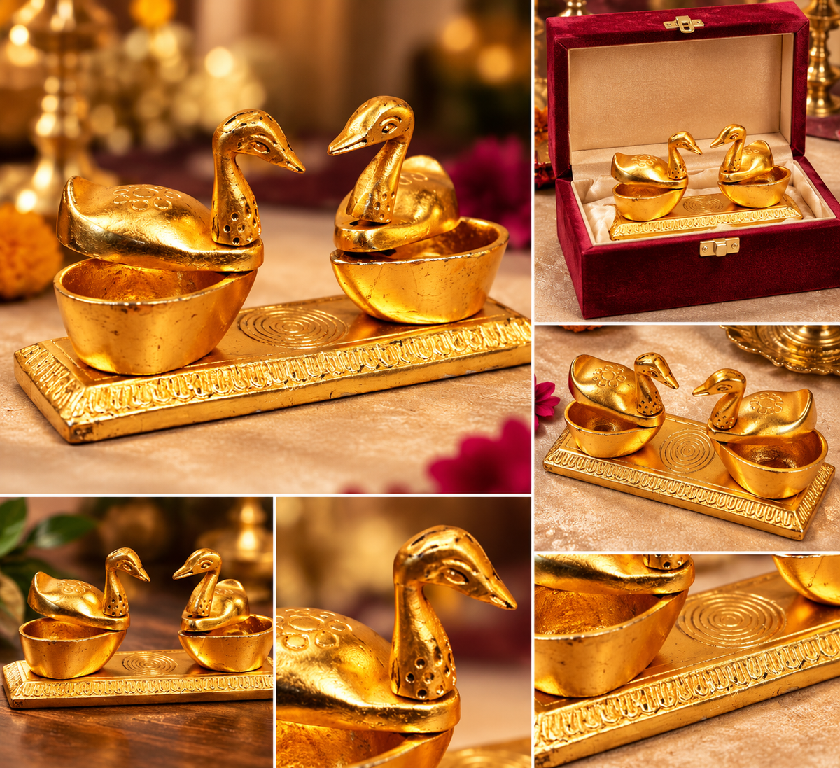 Swarna Shagun double duck chopda collage showing duck lids, holder interiors, decorative base and optional gift box sold separately.