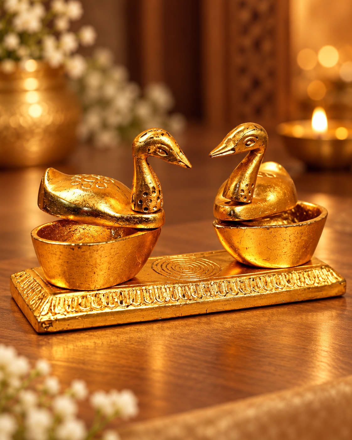 Swarna Shagun gold-polished double duck chopda with two lidded holders on a decorative base.