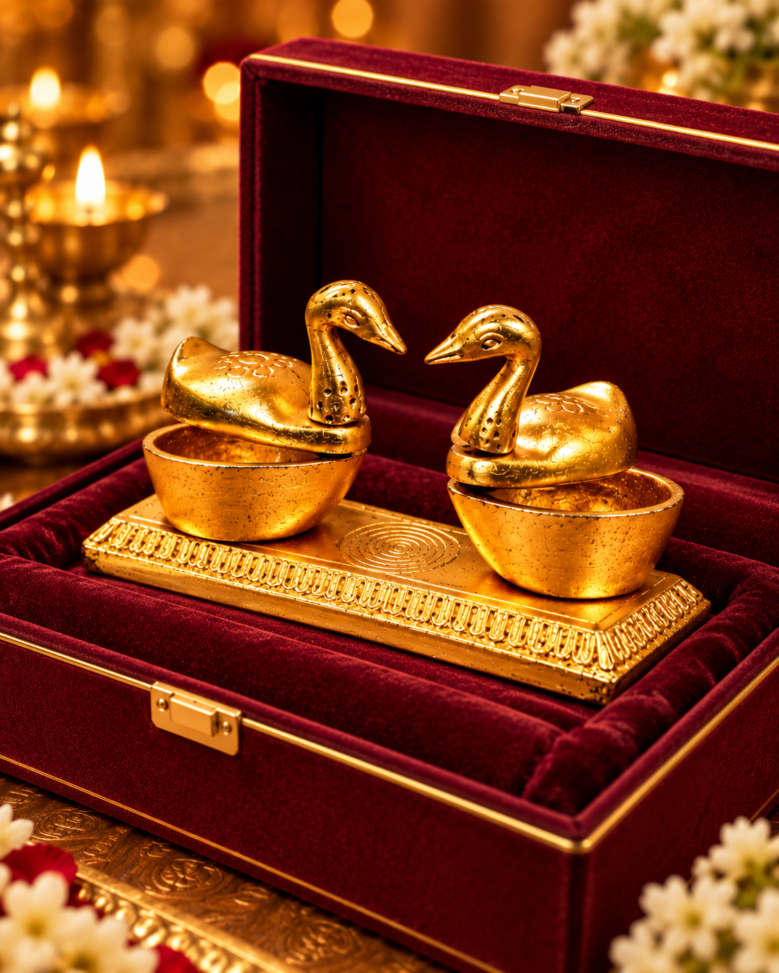 Swarna Shagun gold-polished double duck chopda in an optional burgundy velvet presentation box, sold separately.