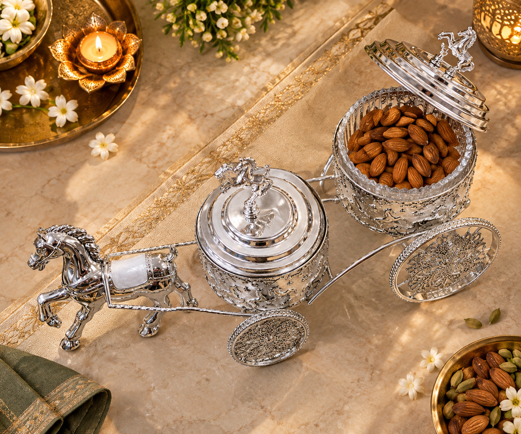 Overhead view of ornate horse cart server with two food-safe glass bowls