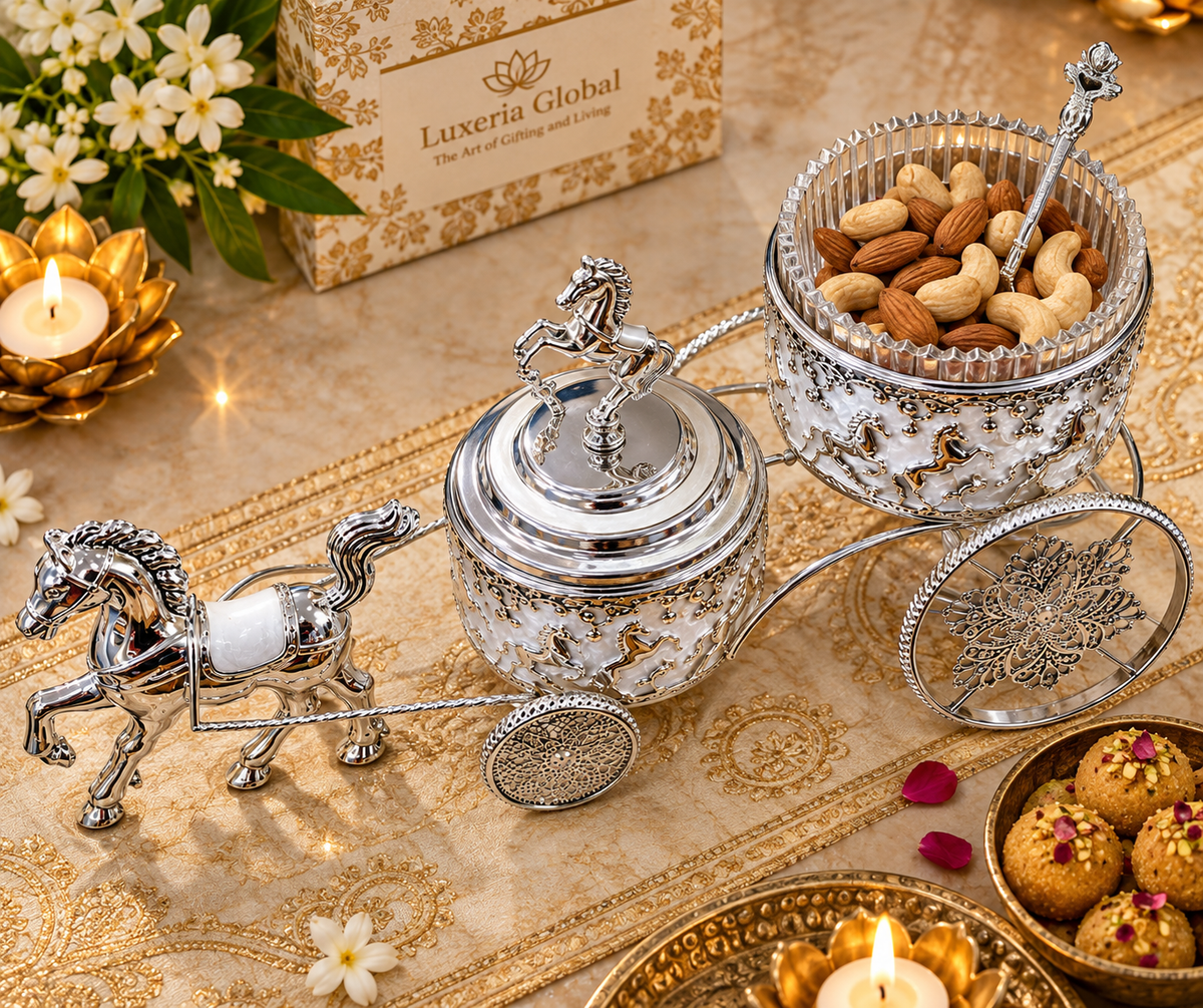 German silver coated horse cart server displayed with chocolates and cardamom