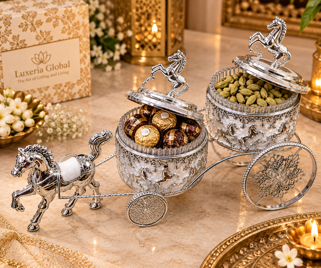 Regal silver horse cart with two lidded glass bowls and ornate wheels
