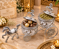Regal silver horse cart with two lidded glass bowls and ornate wheels