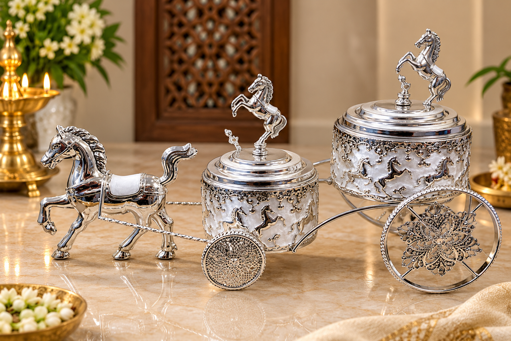 Horse cart dry fruit server with two glass bowls and representational Luxeria Global box