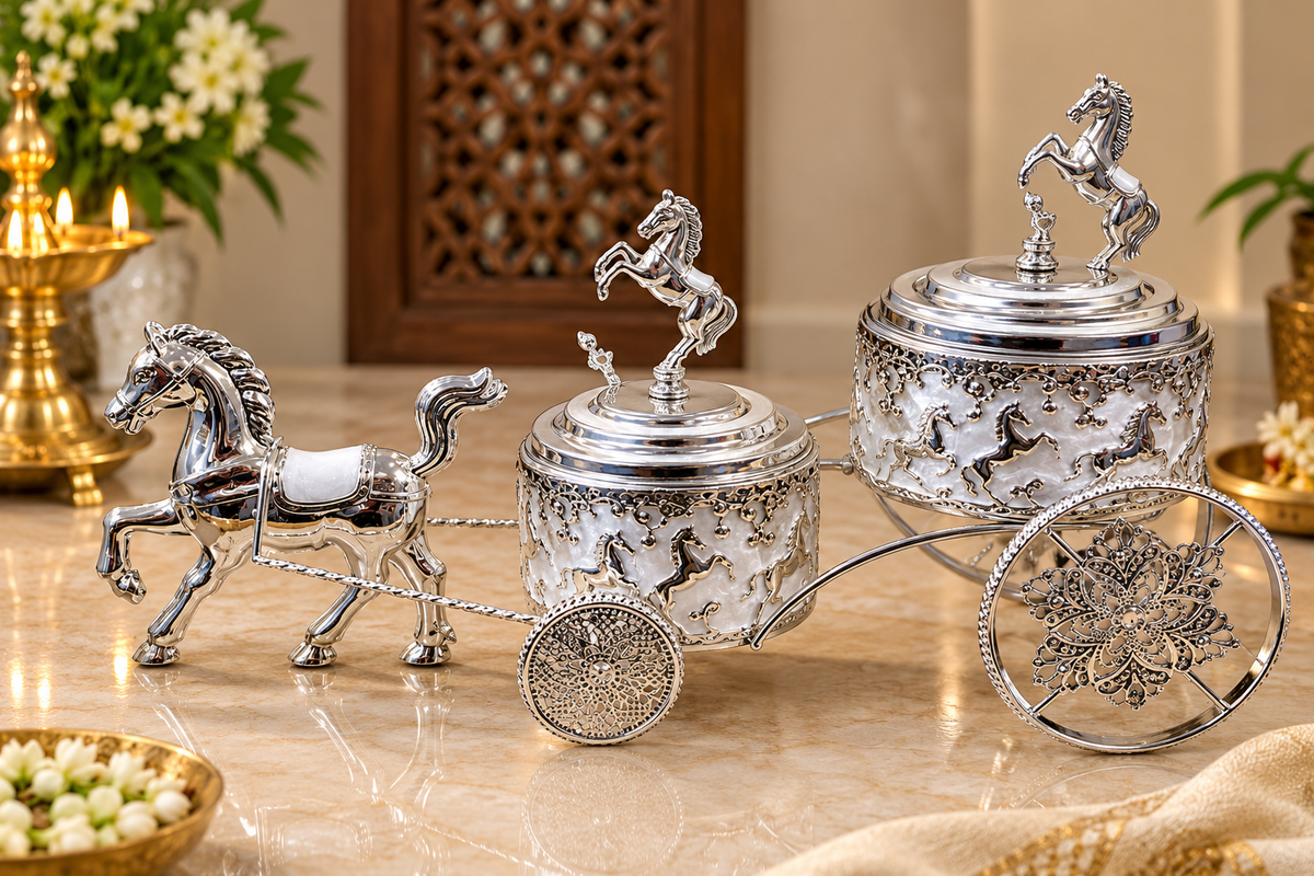 Horse cart dry fruit server with two glass bowls and representational Luxeria Global box