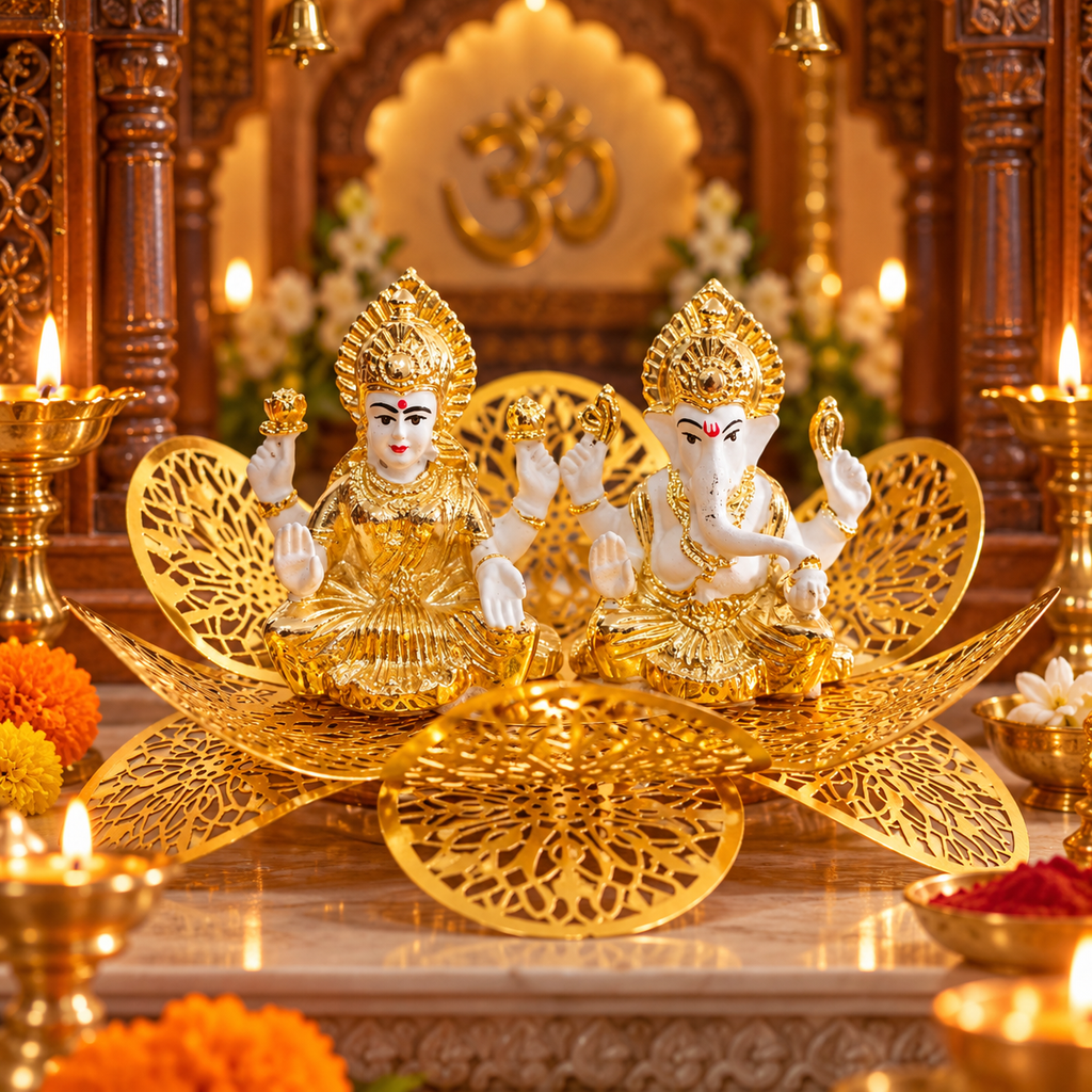 Divya Kamal Lakshmi Ganesh ensemble with white and gold-toned idols on a patterned lotus base.