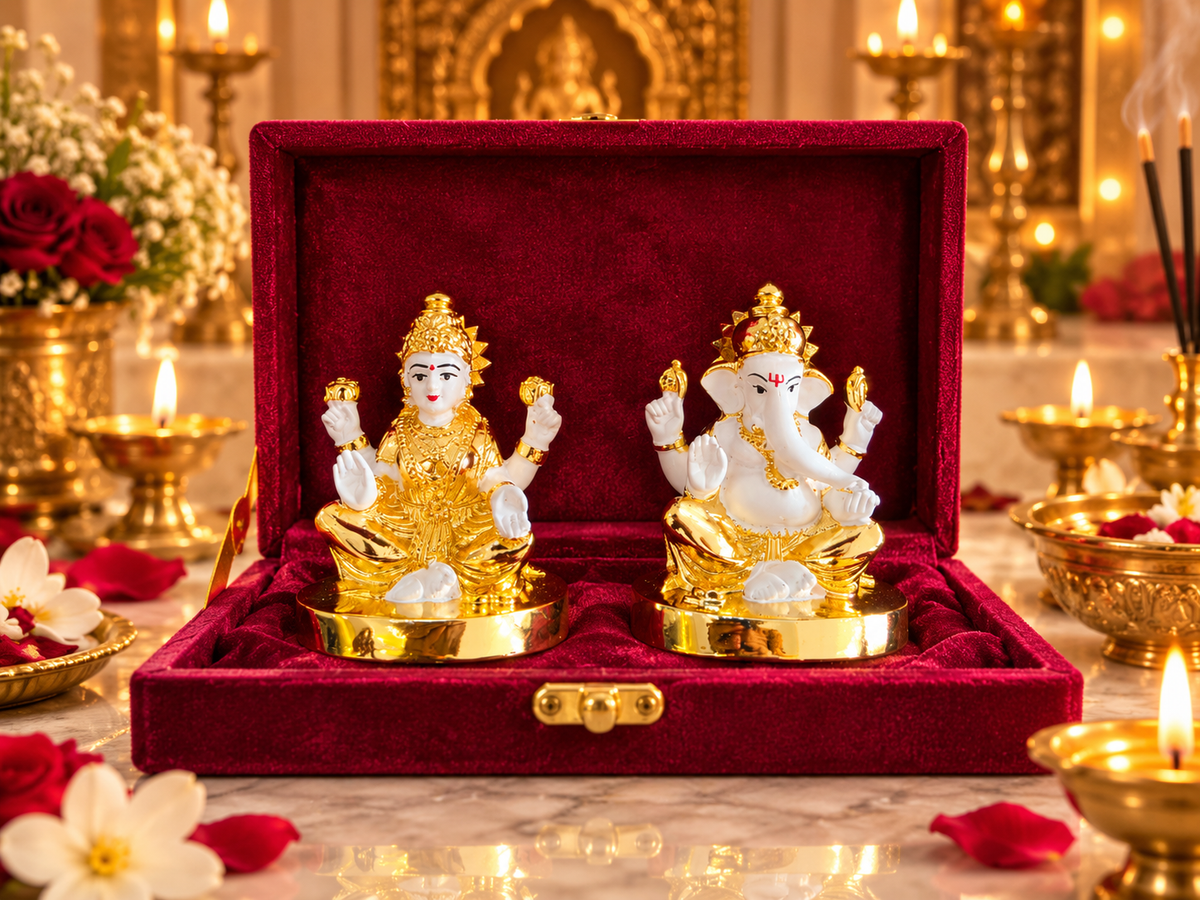 Lakshmi and Ganesha idol pair presented in an open burgundy velvet-covered gift box.
