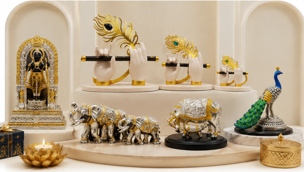 Devotional décor display with flute-holding hands, elephant and cow figurines, and peacock accents