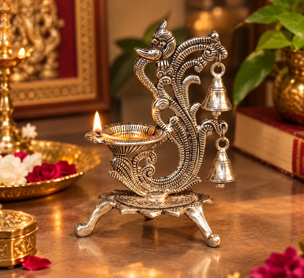 Mayur Naad Heritage Jyot | Peacock Diya with Hanging Bells