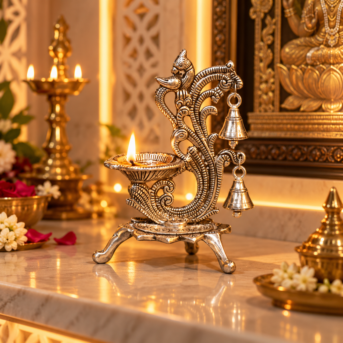 Mayur Naad Heritage Jyot | Peacock Diya with Hanging Bells