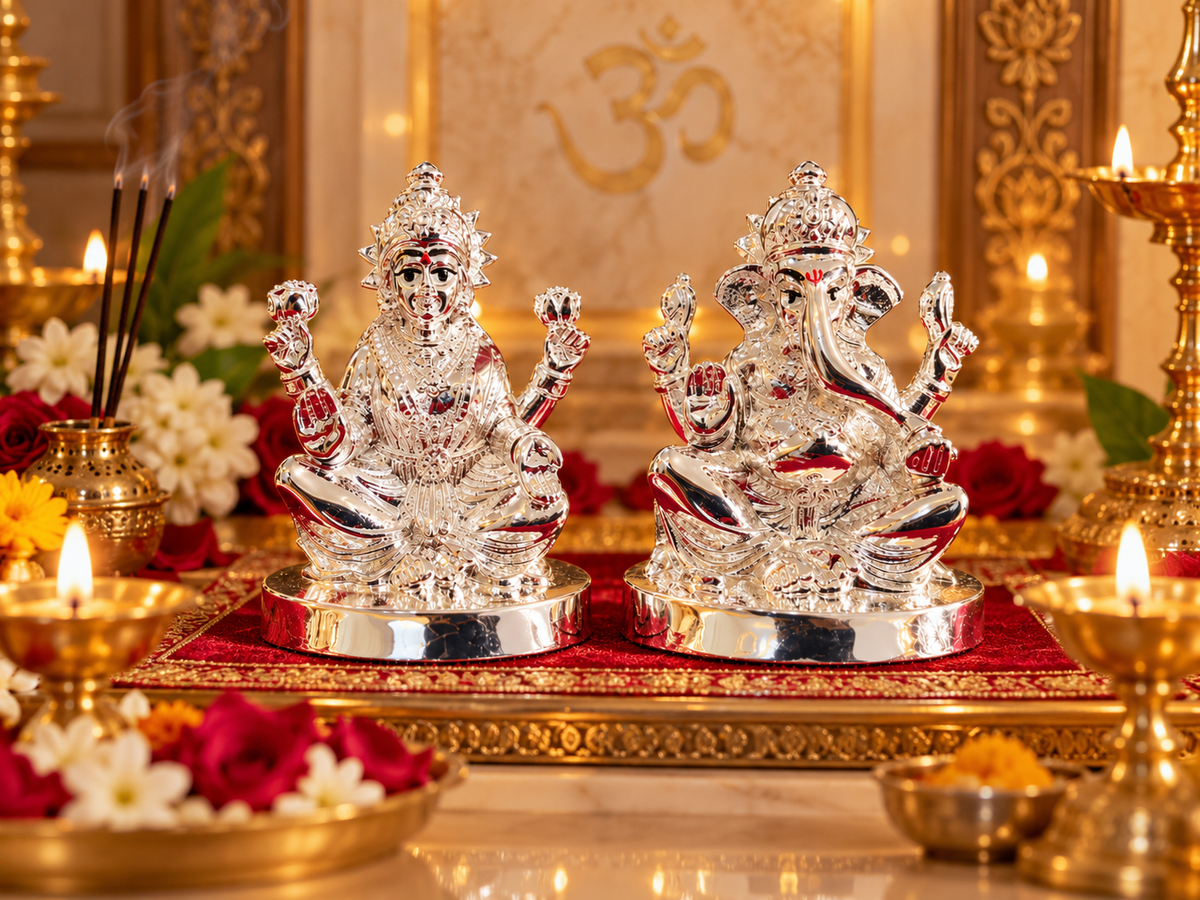 Lakshmi Ganesh idol pair displayed in a pooja setting with lamps and flowers.