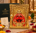 Salasar Balaji Maharaj devotional idol in golden finish with ornate frame and base