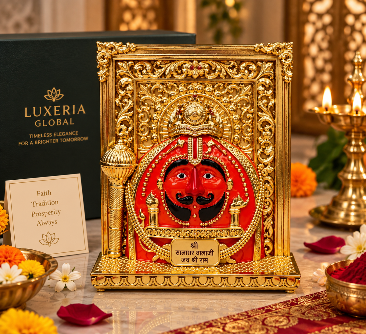Salasar Balaji Maharaj devotional idol in golden finish with ornate frame and base