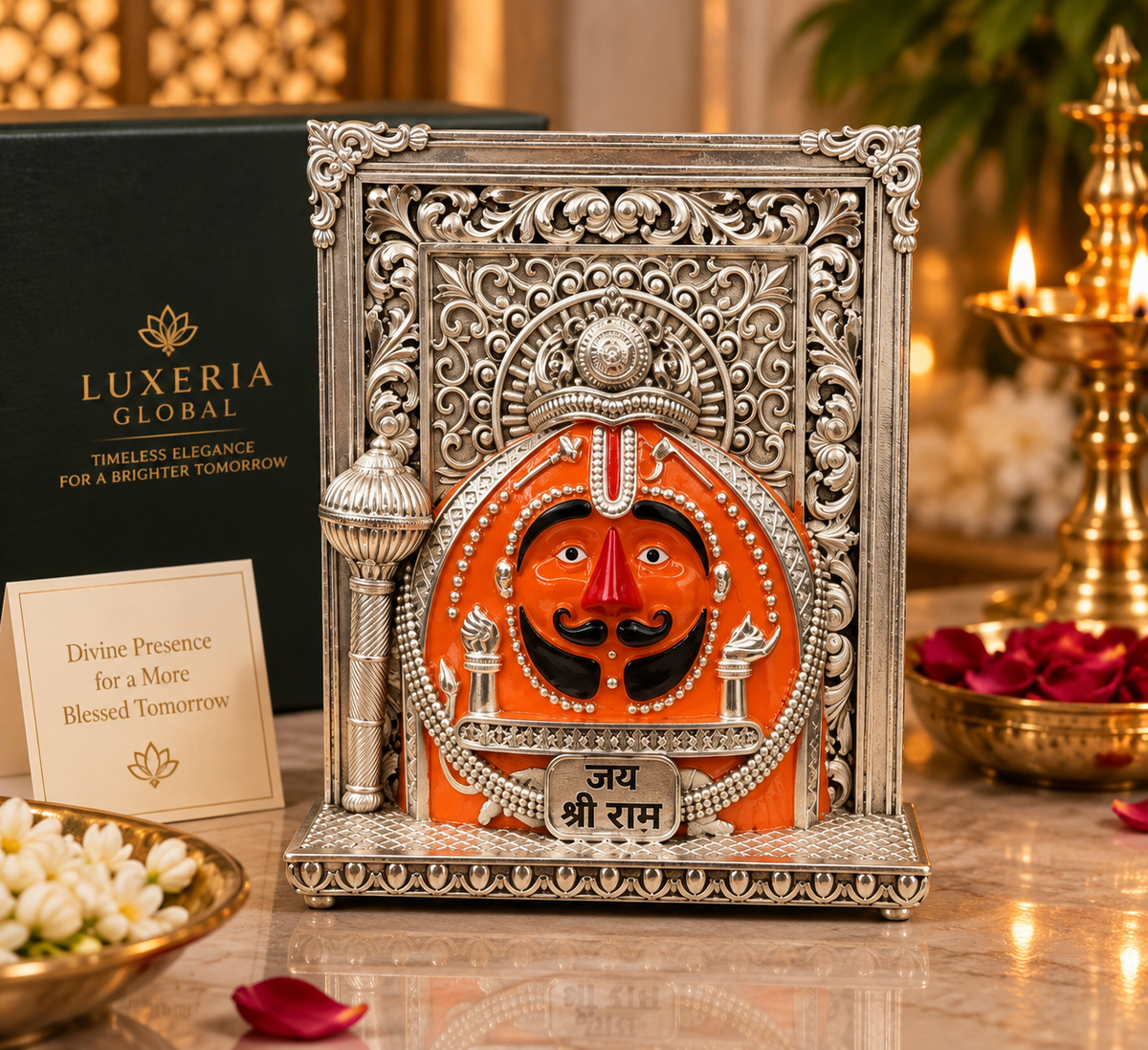 Salasar Balaji Maharaj devotional idol in silver finish with ornate frame and base