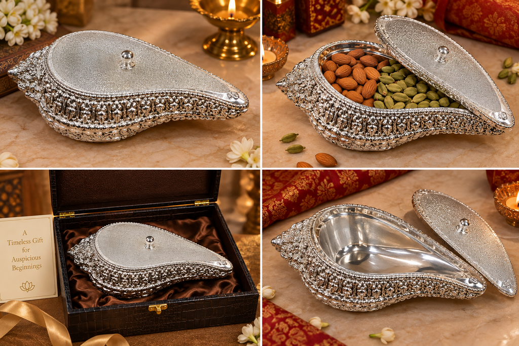 Shankh tray with lid, empty interior and leatherite gift box