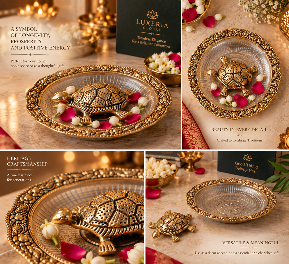 Golden metal tortoise with ornate decorative plate — details collage