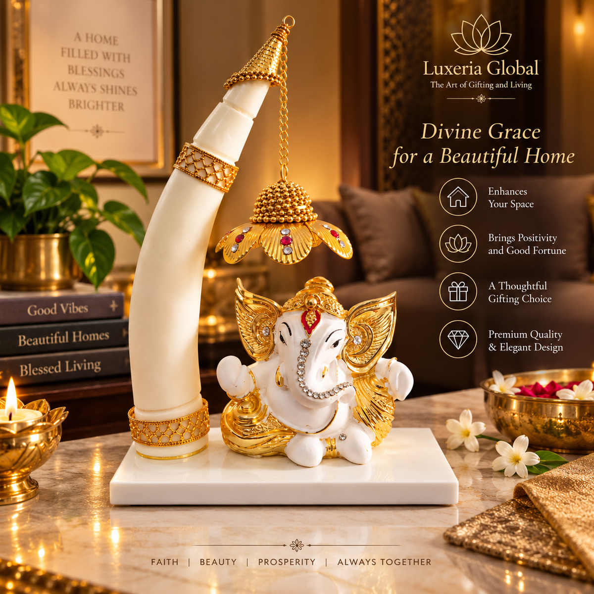 Baal Ganesh with hanging lotus lamp presented in a burgundy velvet Luxeria Global gift box
