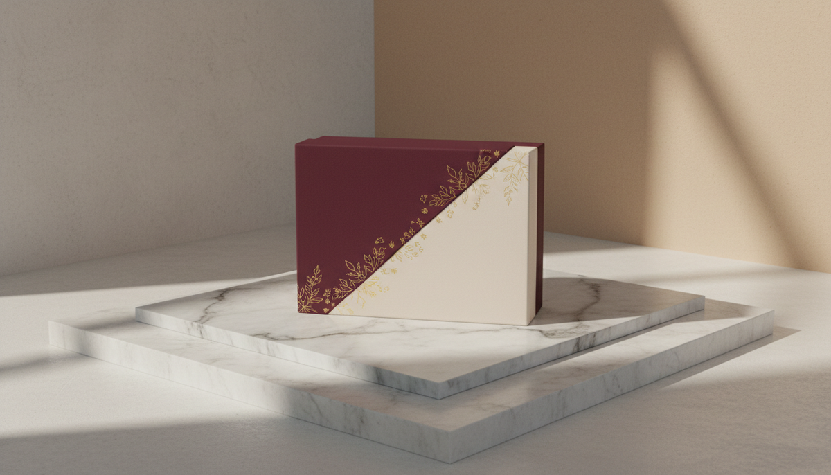 Burgundy and ivory gift box with gold botanical detailing on a marble display