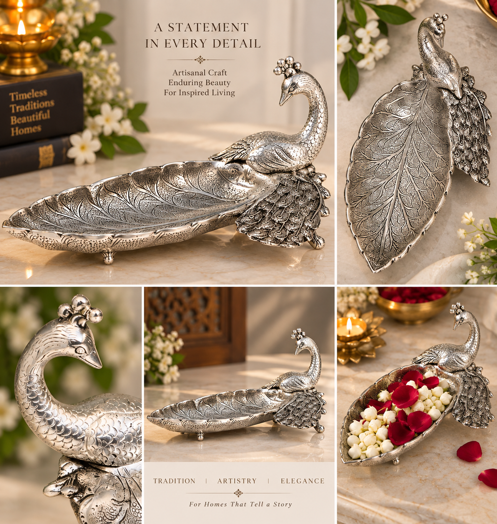 Antique silver-tone aluminium peacock plate — collage