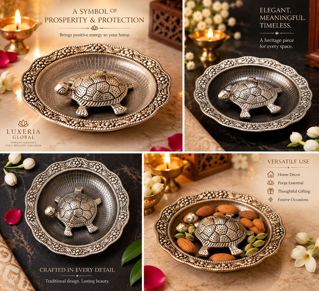 Silver-plated metal tortoise with decorative glass plate — details collage