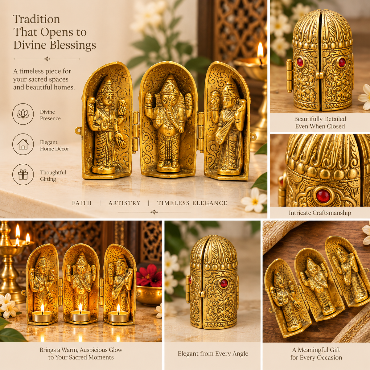 Antique gold-tone folding Laxmi Ganesh Saraswati metal shrine