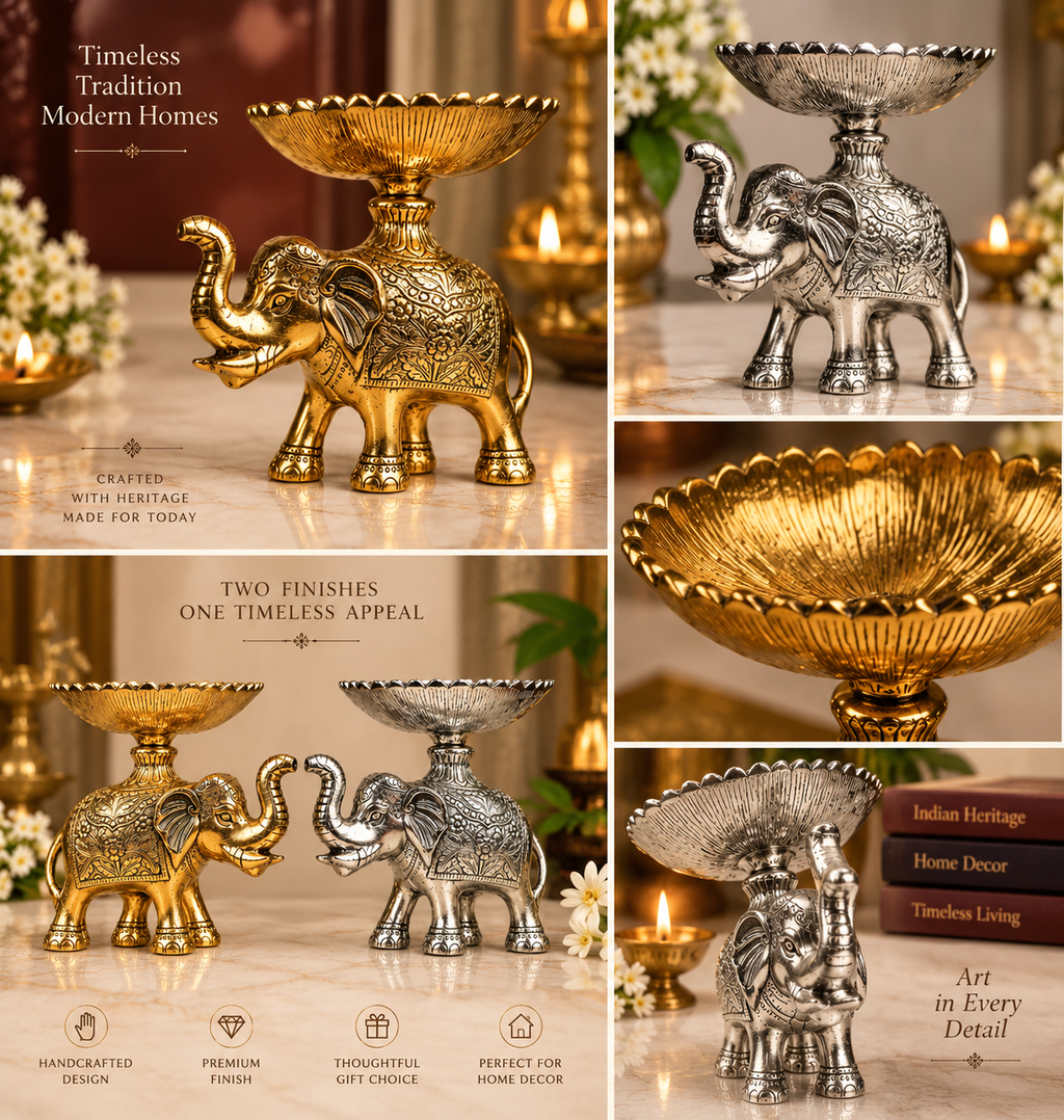 Metal elephant bowl — design details collage