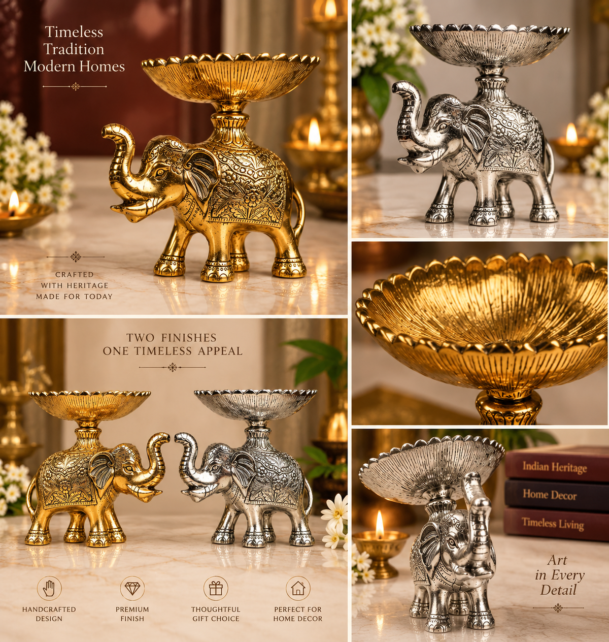 Metal elephant bowl — design details collage