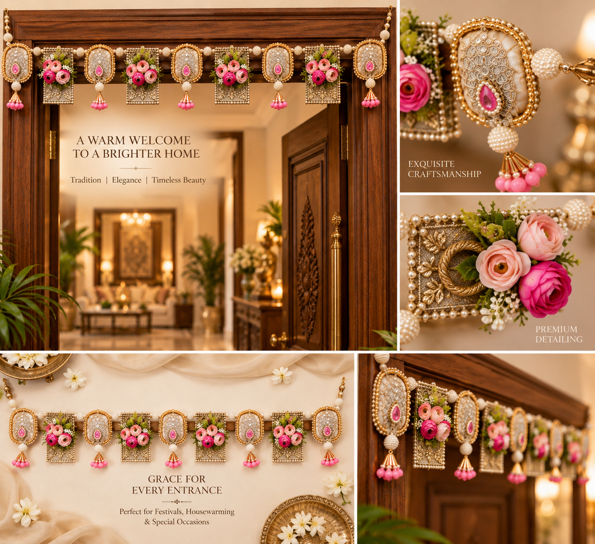 Handmade floral toran with pink flowers, gold-tone panels and pearl-like beads