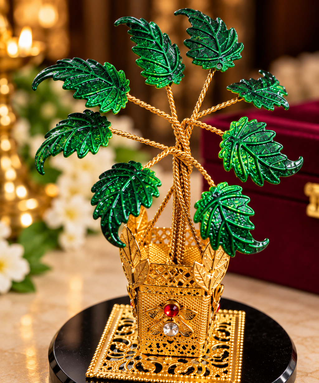 Divine Tulsi Ji — close-up of golden stems and green leaves