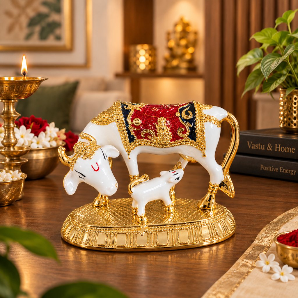 Kamdhenu cow and calf figurine displayed as spiritual home decor